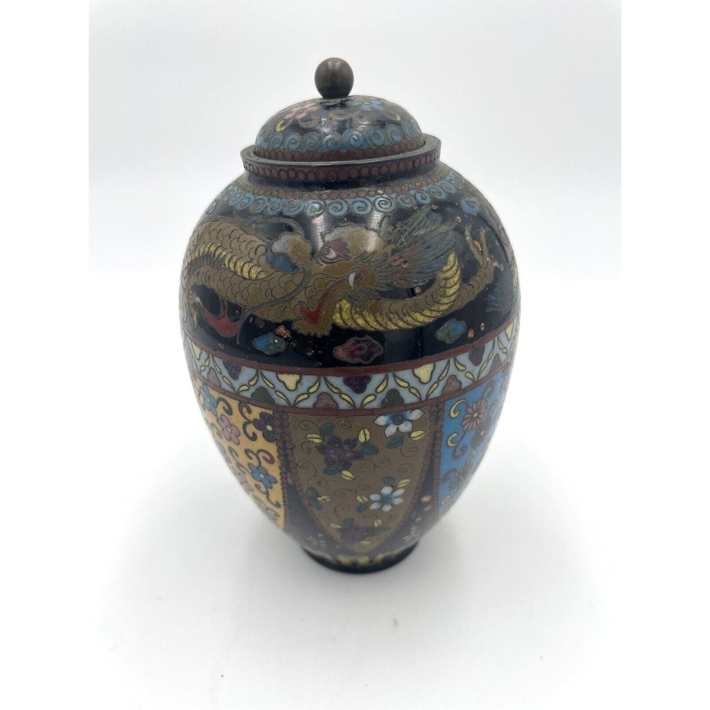 Cloisonne Vase Jar with Lid Dragon Floral Asian Decor Decorative Accent 6"
